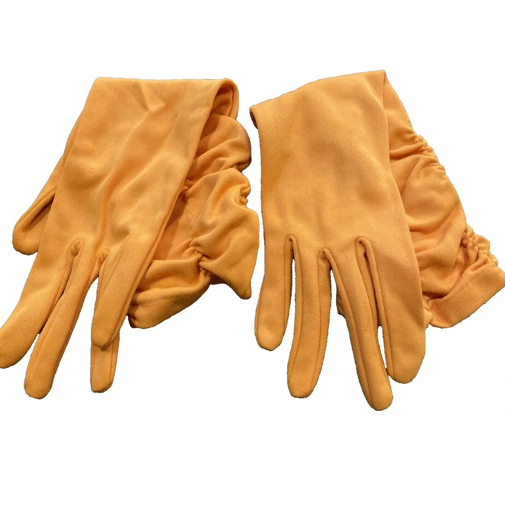 Vintage Dressy Orange Stretch Textile Gloves Ruched Elastic Wrist One Size 1960s